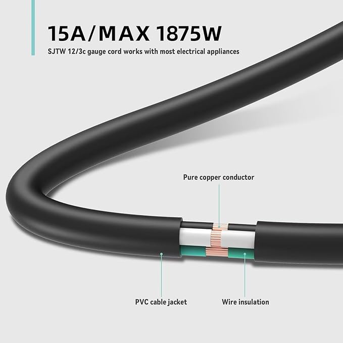 6ft Indoor Outdoor Extension Cord - 12/3 SJTW Heavy Duty Extension Cable with 3 Prong Grounded Plug for Safety -15Amp 1875W Black Electric Cord Great for Garden, Appliances