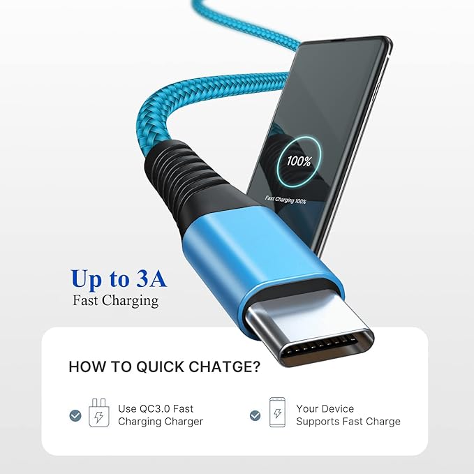 USB C Cable 3A Fast Charging 6FT 3Pack Nylon Type C Phone Charger Cord for Samsung Galaxy S24 S23 S22 S21 S20 S10 A11 A12 A13 A14 A15 A20 A21 A32 A42 A54, Tablet, LG, Moto, TCL, PS5