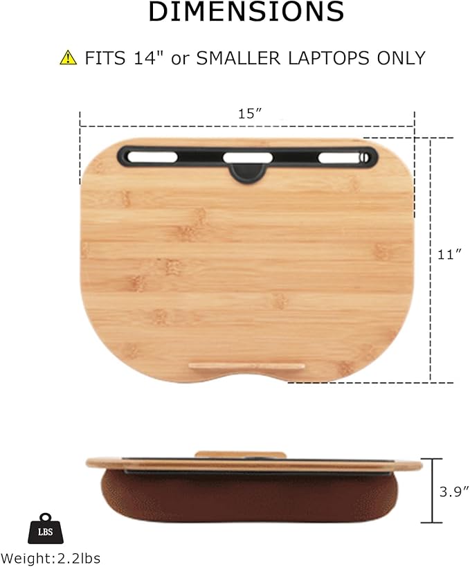 SUMISKY Lap Desk for 14" Laptops-Bamboo Laptop Desk with Cushion & Phone Holder, Portable Laptop Stand with Tray, 15x11 Inches