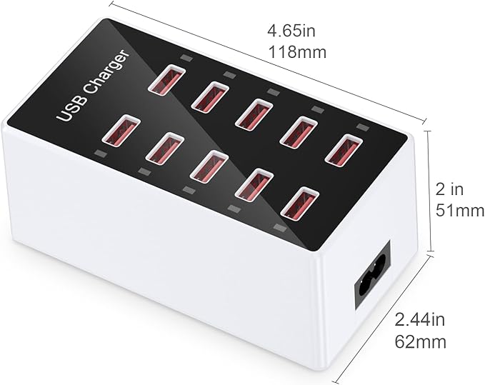 Cell Phone Wall Charger USB Charging Station for Multiple Devices 10 Ports Power Strip Charging Hub Smart Plug Charge Block Dock for iPhone 15/14/13/iPad iPod Galaxy Watches Android Phones