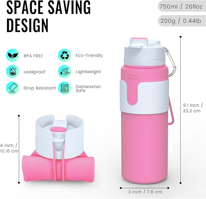 Nefeeko Collapsible Water Bottle, BPA Free 26oz Foldable Water Bottle for Travel Sports, Leak-Proof Spill-Proof Portable Water Bottles with Carabiner, Lightweight