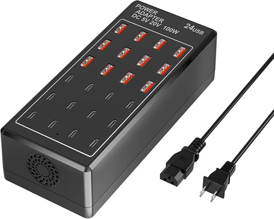 USB Charging Station Block, USB C Charger Station 24-Port 100W(20A), USB A Charger Block, Fast Charger Desktop Station, Multi-Function Smart Charger for Apple iPhone iPad Samsung Laptop Pixel