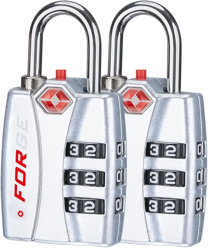 Forge TSA Luggage Combination Lock - Open Alert Indicator, Easy Read Dials, Alloy Body- Ideal for Travel, Lockers, Bags (Silver)