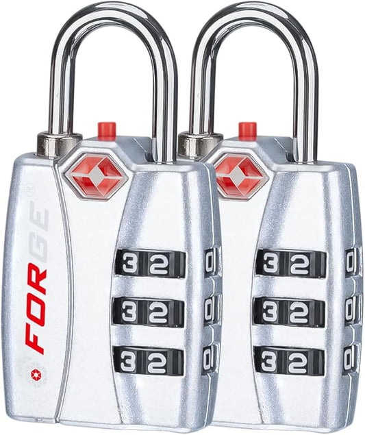 Forge TSA Luggage Combination Lock - Open Alert Indicator, Easy Read Dials, Alloy Body- Ideal for Travel, Lockers, Bags (Silver)
