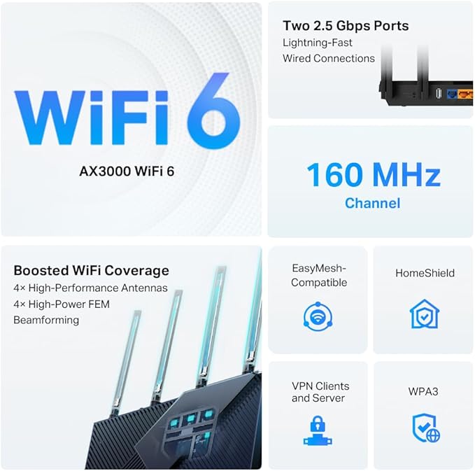 TP-Link AX3000 WiFi 6 Router (Archer AX55 Pro) - Multi Gigabit Wireless Internet, 2 x 2.5 Gbps Ports, Dual Band, VPN Router, OFDMA, MU-MIMO, USB 3.0 Port, WPA3, Compatible with Alexa