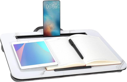 Portable Laptop Desk Fits Up to 16“ Laptops, with Tablet Slot, Built-in Cushion, Great for Home & Office,Lap Desk for Laptop,Lap Desk with Cushion (White Marble, Medium)