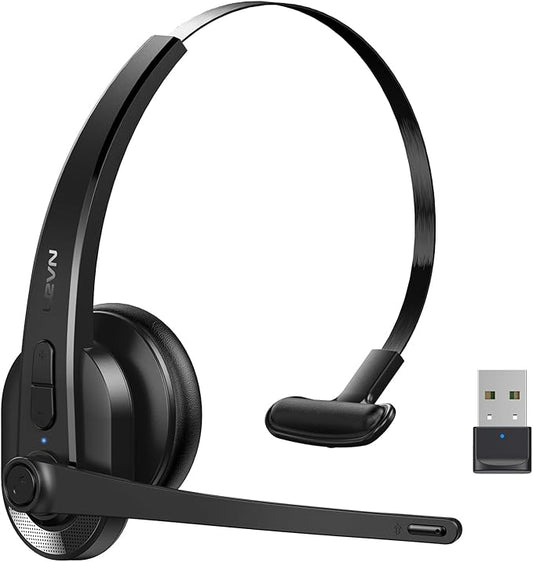 LEVN Wireless Headset with Mic for Work, Bluetooth Headset with Microphone-AI Noise Cancelling, Single-Ear Wireless Headphones with Mic & USB Dongle for PC/Computer/Call Center/Laptop/Teams/Zoom/Home