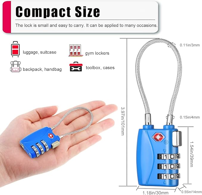 ZHEGE TSA Cable Luggage Lock 3 Digit Combination Padlock with Alloy Body for Suitcase, Baggage, Backpack, Pistol Case (2 Pack, Blue)