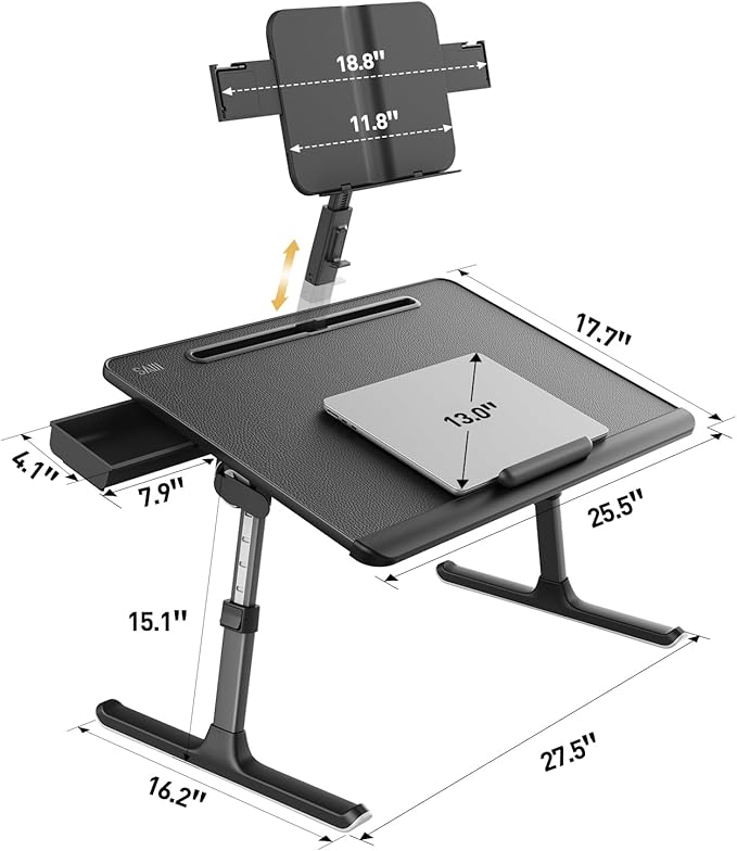SAIJI Laptop Desk for Bed [Premium XXL Extra Large] with Upgraded Height Angle Adjustable Book Stand,Multi-Purpose Lapdesk Bed Tray Desk for Working Writing Reading Drawing (Black)