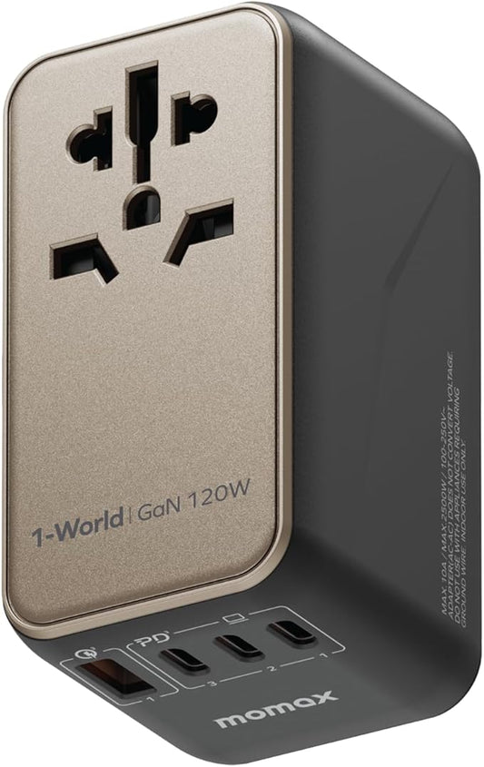 MOMAX Universal Travel Adapter, 120W GaN Fast International Power Adapter, 3 USB C & 1 USB A, Worldwide Travel Plug Adapter, All-in-One Worldwide Wall Charger for USA European UK AUS (Type C/G/A/I)
