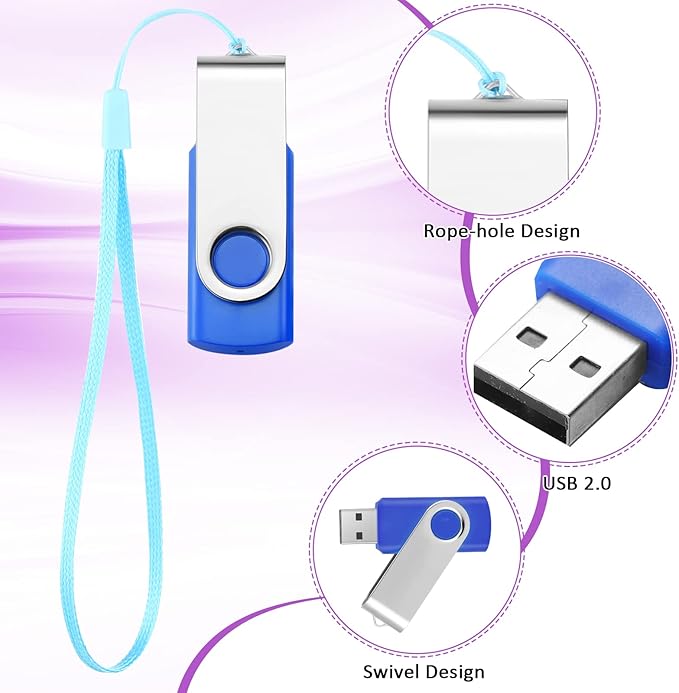 50 Pack USB Flash Drives Bulk with Lanyards USB 2.0 Thumb Drive Swivel Storage Flash Pack Bulk with LED Light for Data Storage Backup, 10 Colors (256 MB)