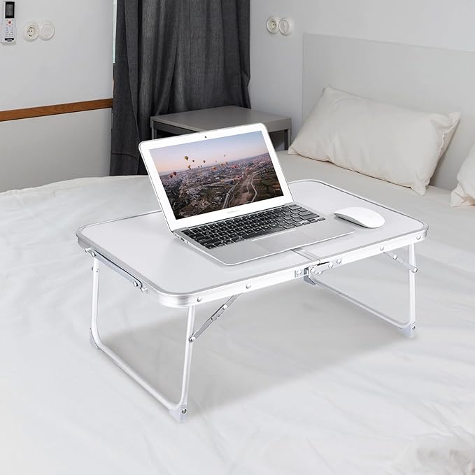 CHEERWELL Foldable Laptop Desk, Bed Table for Study & Reading, Breakfast Tray, Portable Mini Picnic Table, Folds in Half with Inner Storage Space (Grey)