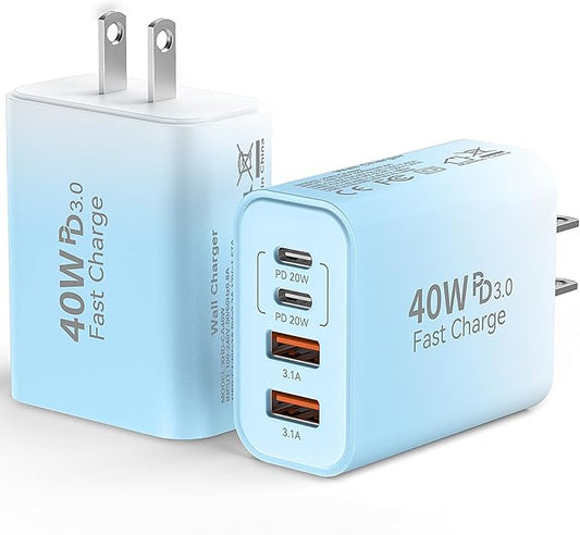 USB C Wall Fast Charger Block, 40W 4-Port Type C Chargers Fast Charging Blocks for Phone 17/16/15/14/13/12 Pro Max, Pad, Galaxy S24/23-2Pack Gradient Blue