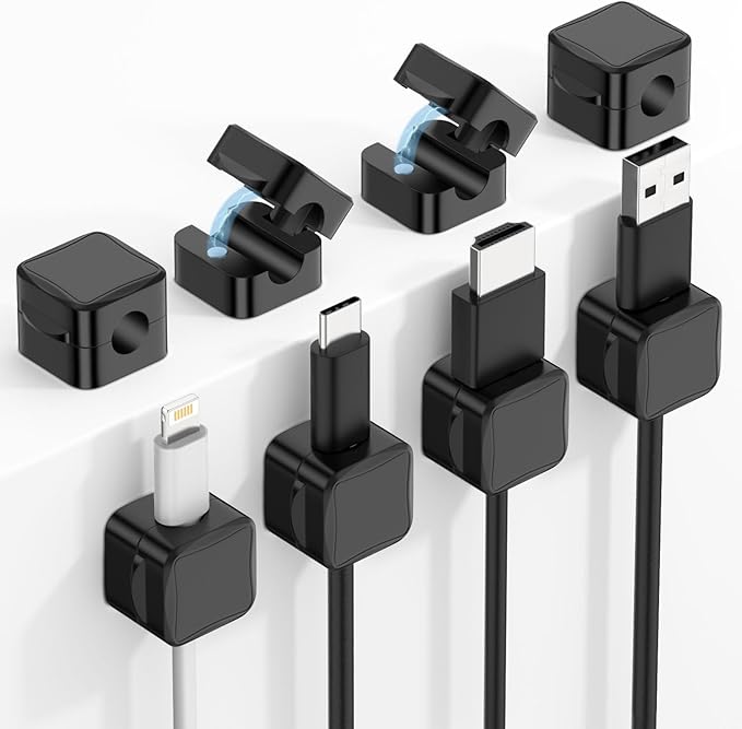 MoKo 8 Pack Magnetic Cable Clips, Desk Cord Organizer, Adhesive Cord Holder, Cable Management Wire Holder Keeper for Nightstand Desk Kitchen Office Car Wall Glass, Black