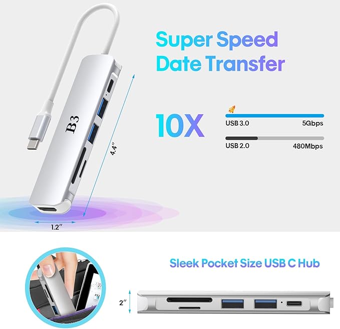 USB C Hub, USB-C Dongle Adapter with 4K HDMI for MacBook Pro/Air, 6 in 1 USBC Adaptador Converter Digital AV Multiport Docking Station, with USB3.0/USB2.0/SD/microSD Card Reader Ports - Sliver