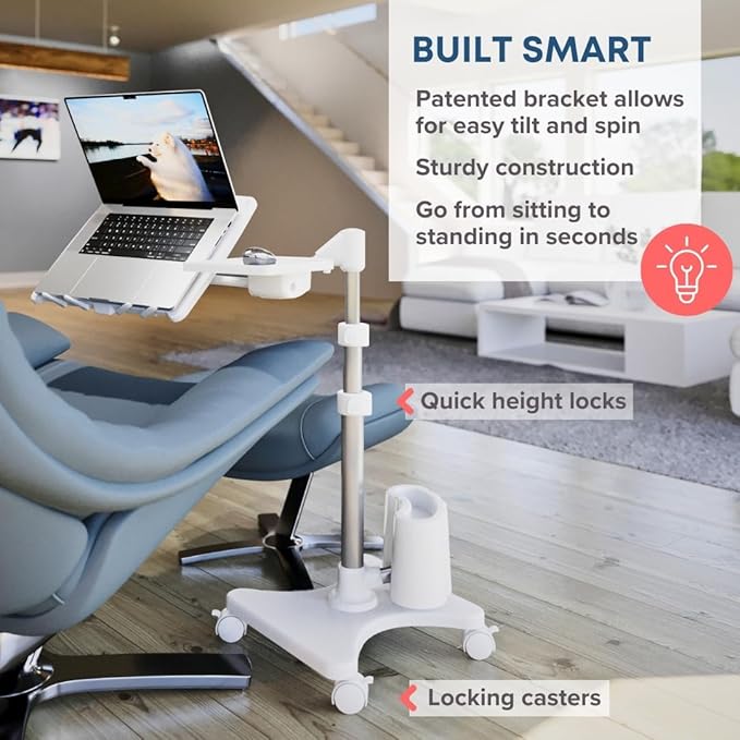 LEVO G2 Deluxe Adjustable Laptop Stand – Rolling Computer Desk & Ergonomic Table for Bed, Sofa, or Office – Portable Mobile Workstation with Tilt – Fits Devices up to 16″ - Silver & White