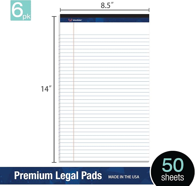 Woodlake Legal Pads 8.5 "x 14" – 6‑Pack, Wide Ruled, Premium White Paper Pad No ink Bleed, Micro‑Perforated Writing Pads,50 Sheets, Legal Size Note pads for School, Office & Home, Made in USA