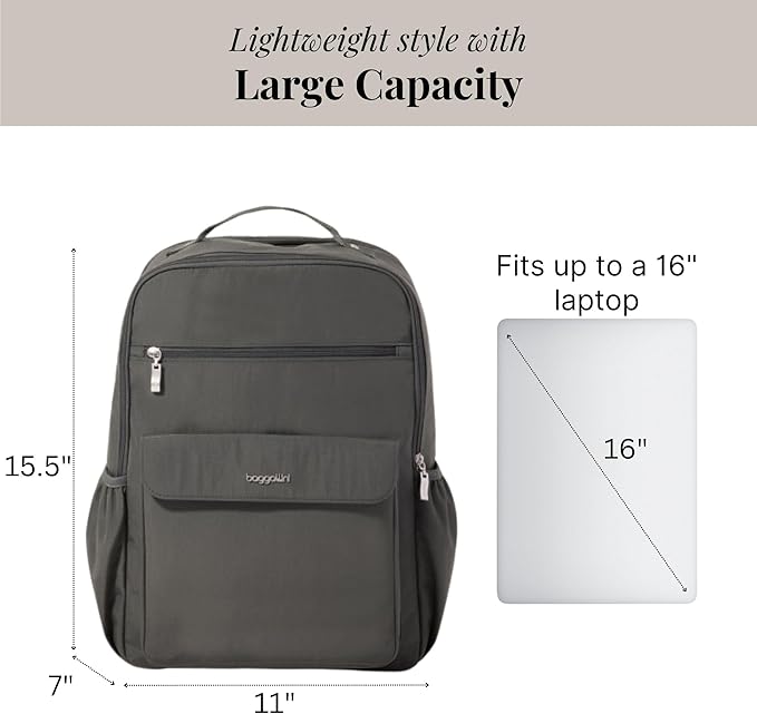 Baggallini Everyday Laptop Backpack - 11x15.5 Lightweight Water-Repellent Nylon Travel Bag w/Padded Laptop Sleeve & RFID