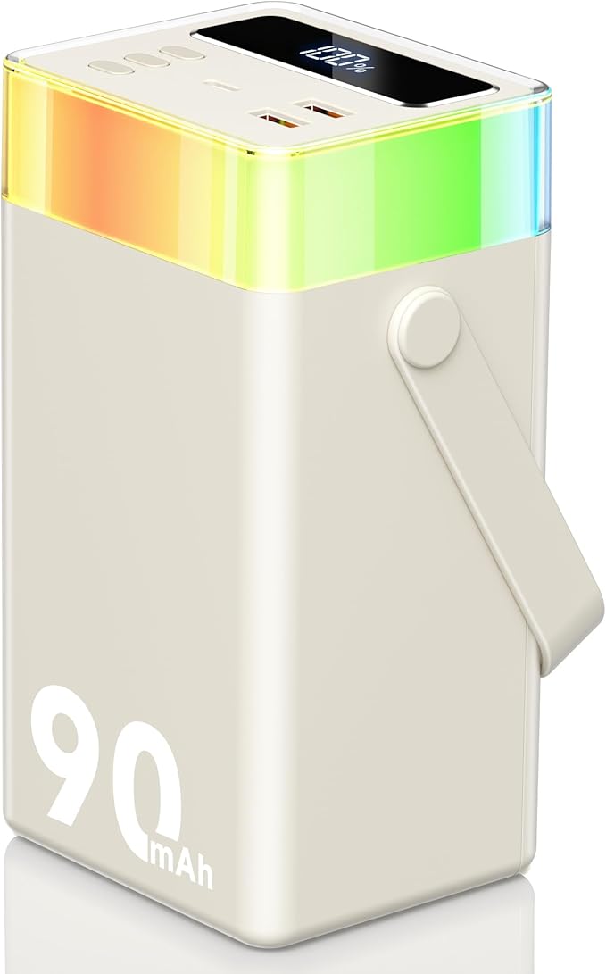 Power Bank 90000mAh Battery Pack High Capacity 35W PD Fast Charging, 6 Ports & Built-in Cables, RGB Mood Light(12 Modes) &LED Camping Flashlight for Indoor/Outdoor Camping Home Travel Emergency-white