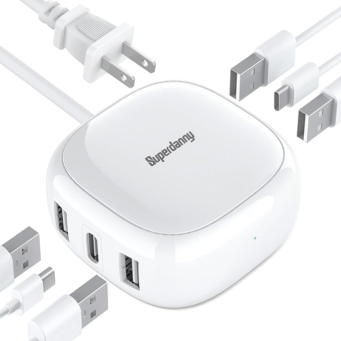 SUPERDANNY 6-Port USB Charger, 40W 8A Mini USB Charging Station, Charging Station for Multiple Devices, 4ft Cable, Compatible with iPhone, iPad, Galaxy, Pixel, for Travel, Cruise, White
