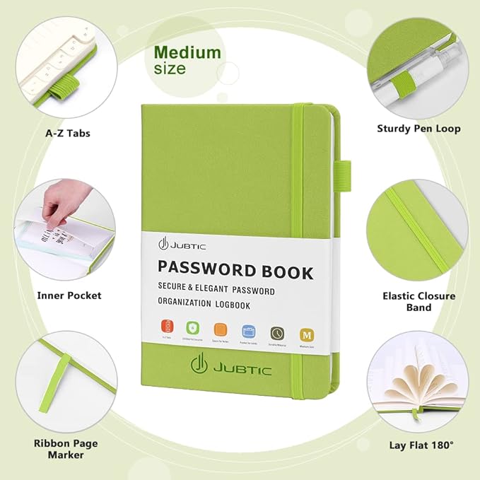 JUBTIC Password Book with Alphabetical Tabs Medium Size Password Keeper Logbook for Internet Log in Website Address Detail. Hardcover Password Notebook Journal & Organizer for Home Office, Green