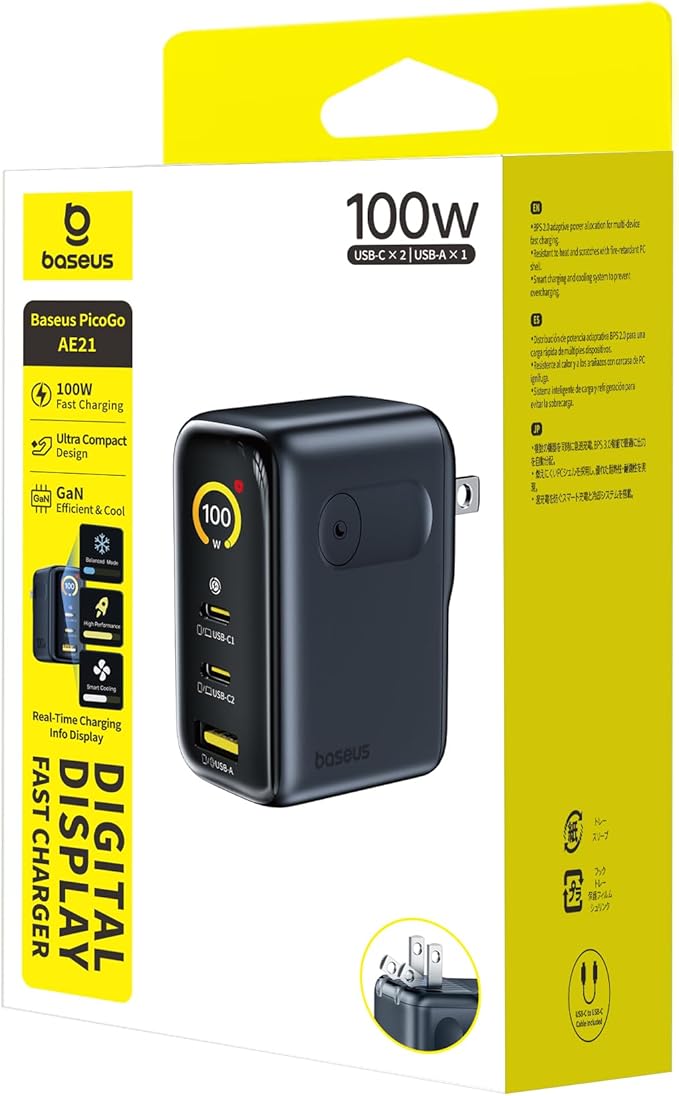 Baseus Picogo 100W USB C Charger, 3-Port Multi-Device Fast Charging Laptop Charger with Smart Display & Touch Control, GaN Power Adapter for MacBook Pro, iPhone 17/16, Pixel, Steam Deck, ROG Ally