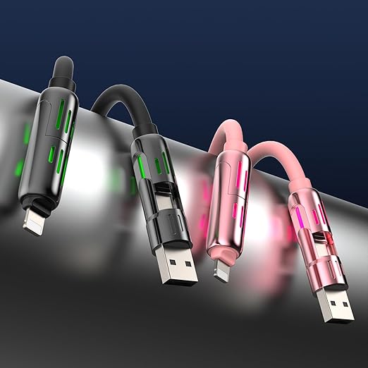 MFish 240W 4-in-1 Universal USB Charging Cable [2 Pack, 6.6ft] – Fast Charger Cord with USB-A, Dual USB-C & Lighting, for iPhone 14/15/16/17 Series, iPad & MacBook & More (2PACK, Black+Pink, 6.6Ft)