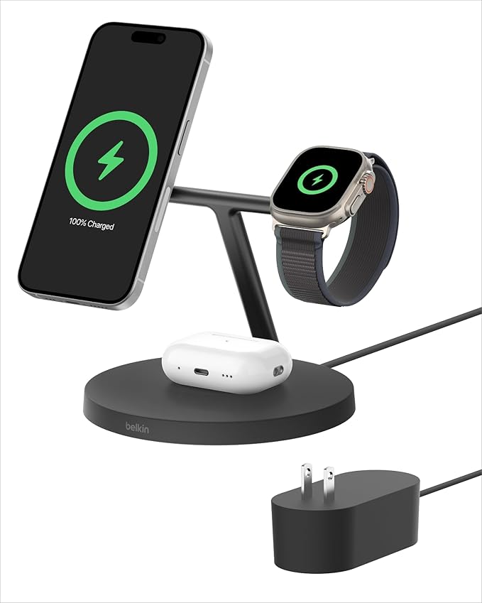 Belkin MagSafe-Compatible Charger, 3-in-1 Wireless Charging Station, Qi2-Certified 15W Wireless Charge for Apple iPhone 17 Series, Apple Watch, AirPods w/Non-Slip Base, 40W Included - Black