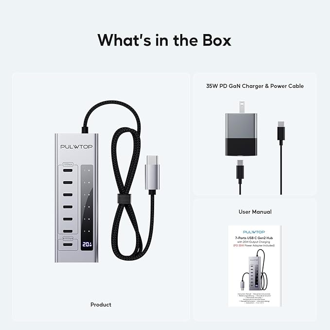 Powered USB C Hub, 7 in 1 USB C Hub Support Data 10Gbps & Charging(Not Support Video), USB C Powered Hub 10Gbps Ports for iMac, MacBook Pro/Air, iPad, XPS, USB Hub with 35W PD Power Adapter
