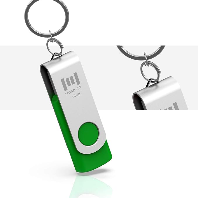 MOSDART USB2.0 16GB Flash Drive, Swivel Design with LED Indicator, Keychain Loop, FAT32 Memory Stick for Data Storage, Green(Pack of 10)