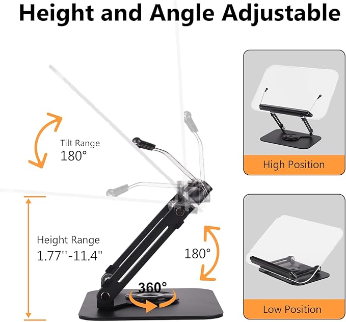 ASIEIT Book Stand for Reading, Acrylic Adjustable Book Holder with 360° Rotating Bases & Elastic Page Clips, Foldable Multifunctional Display Stand for Bible, Laptop, Recipe, Tablets, Textbook