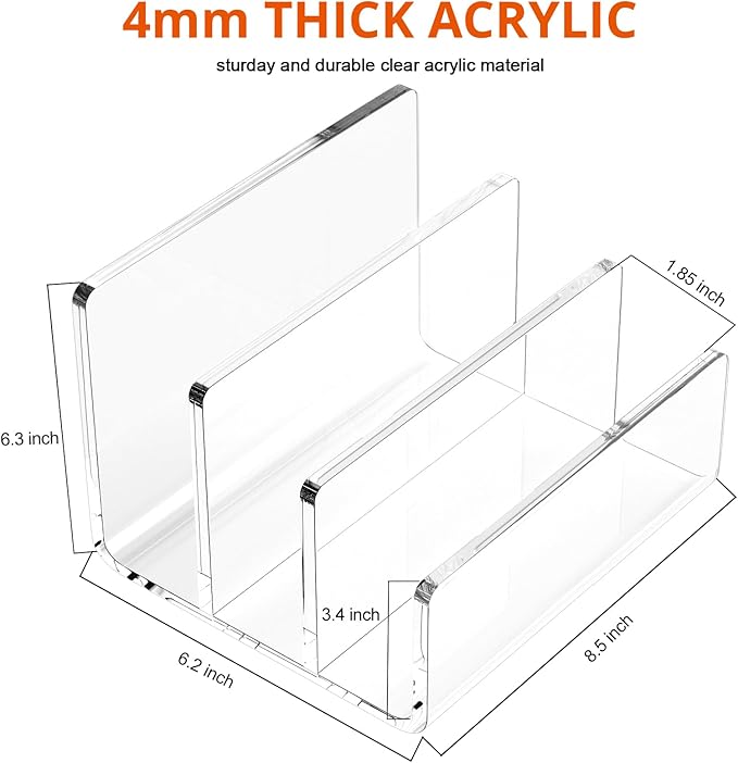 Richboom Acrylic File Sorter, 8.5"x6.3"x6.2", Upright File Organizer for Desk, Mail Organizer Countertop, File Holder for Letter, Document, Notebook, Clear, 3 Sections