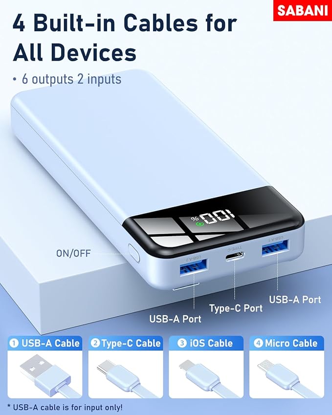 SABANI Portable Charger 35000mAh Power Bank - Portable Battery with 4 Built in Cables, 22.5W Fast Charging Battery Pack Compatible with iPhone 16 15 14 13 Samsung Android Phone etc (1 Pack, Blue)
