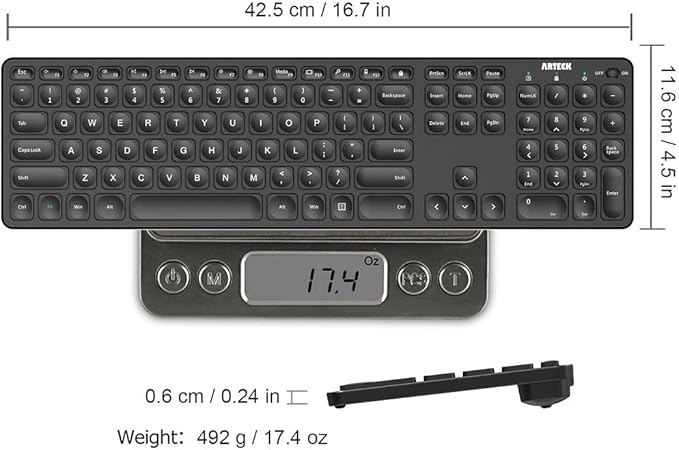 Arteck 2.4G Wireless Keyboard Ultra Slim Full Size Keyboard with Numeric Keypad and Media Hotkey for Computer/Desktop/PC/Laptop/Surface/Smart TV and Windows 10/8/ 7 Built-in Rechargeable Battery