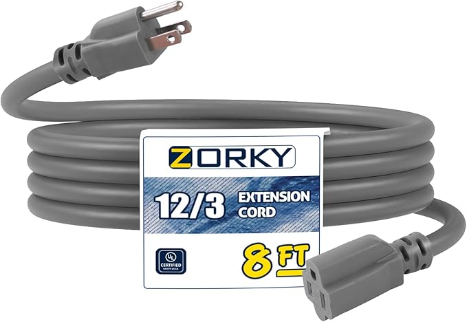 8ft Indoor Outdoor Extension Cord - 12/3 SJTW Heavy Duty Extension Cable with 3 Prong Grounded Plug for Safety -15Amp 1875W Gray Electric Cord Great for Garden, Appliances