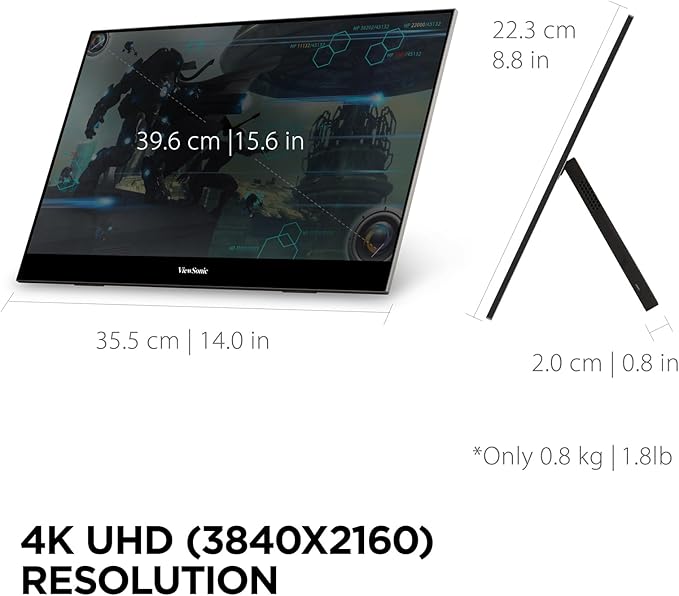 ViewSonic VX1655-4K 15.6 Inch 4K UHD Portable LED IPS Monitor with 2 Way Powered 60W USB C, Mini HDMI, Dual Speakers, and Built-in Stand with Tripod Mount