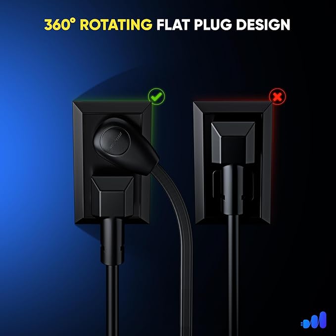 Maximm 15 Ft Extension Cord, 2 Prong, 360° Rotating Flat Plug, UL Certified, Black – Space-Saving Indoor Power Cord for Tight Spaces, Polarized