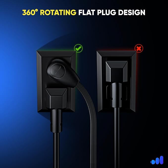 Maximm 20ft Extension Cord – 2-Prong Flat 360° Rotating Plug – Extended Reach Power Cable – Space-Saving Design – UL Certified – Black