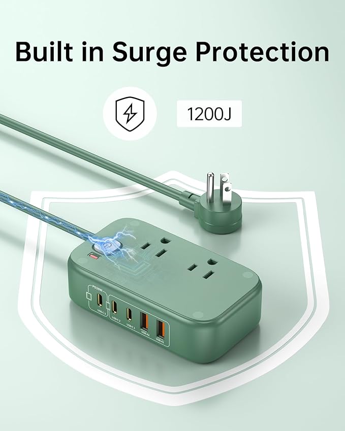 Power Strip with USB C Ports,30W USB C Charging Station,Surge Protection 1200J, 5FT Flat Extension Cord USB Charger Hub for Multiple Devices (Pearl Green, 30w)