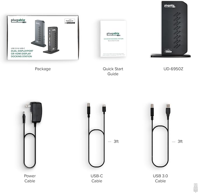 Plugable Dual DisplayPort & HDMI Docking Station - USB 3.0 & USB-C Laptop Dock for Dual Monitors, DisplayLink, Mac (Driver Required), ChromeOS & Windows, Gigabit Ethernet and Audio (UD-6950Z)