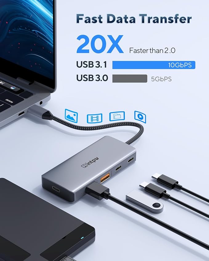 USB C Hub, intpw USB C Splitter 10Gbps with 4 USB 3.2, PD 100W Charging Ports, Aluminum Powered USB Hub for MacBook Pro/Air, iPad, Surface Pro, Dell, HP, Lenovo