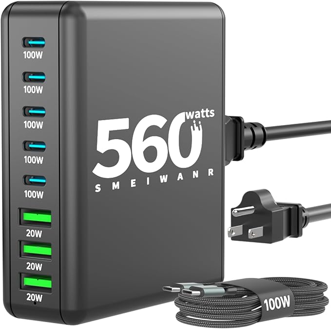 560W 8-Port USB C Charger Block, SMEIWANR Charging Station for Multiple Devices, Fast Charger GaN PD Compatible with MacBook, iPhone and Samsung etc. (Black)