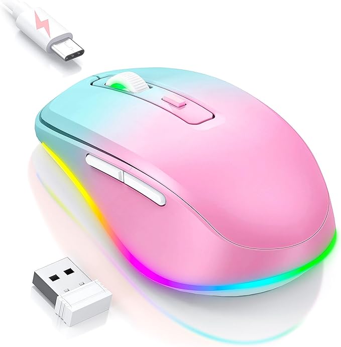 PEIOUS Wireless Mouse Jiggler - LED Wireless Mice with Build-in Mouse Jiggler Mover, Rechargeable Moving Mouse for Computer with Undetectable Random Movement Keeps Computer Awake - Gradient Pink