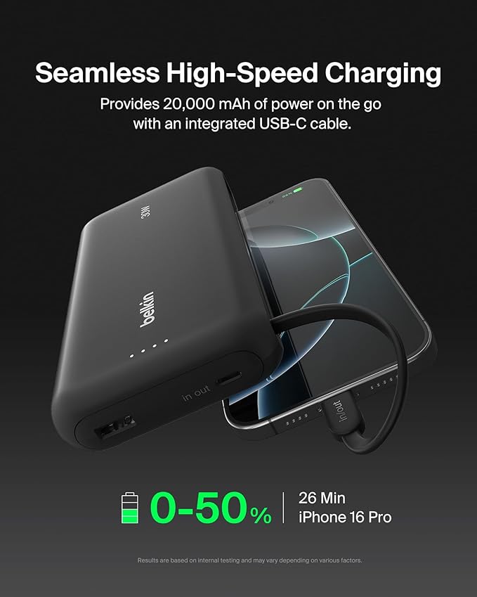Belkin Portable Charger, Power Bank with Integrated Cable 20000 mAh 30W - Fast Charging USB C Power Delivery, iPhone Charger - iPhone 17, Air, Pro, Pro Max, iPad, Galaxy S25, & More - Black