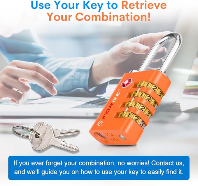 Forge Dual-Opening: Key or Combination Access Lock, TSA Approved Locks for Luggage, Pelican case, Travel, Gym, School, Stainless Steel Shackle.(Orange, 2 Pk)