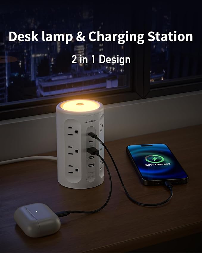 Power Strip Tower with Night Light, 15W Surge Protector Power Strip with USB Ports, 10 FT Extension Cord with Multiple Outlets (12AC+3A+2C) for Home Office Desk DormRoom (White)