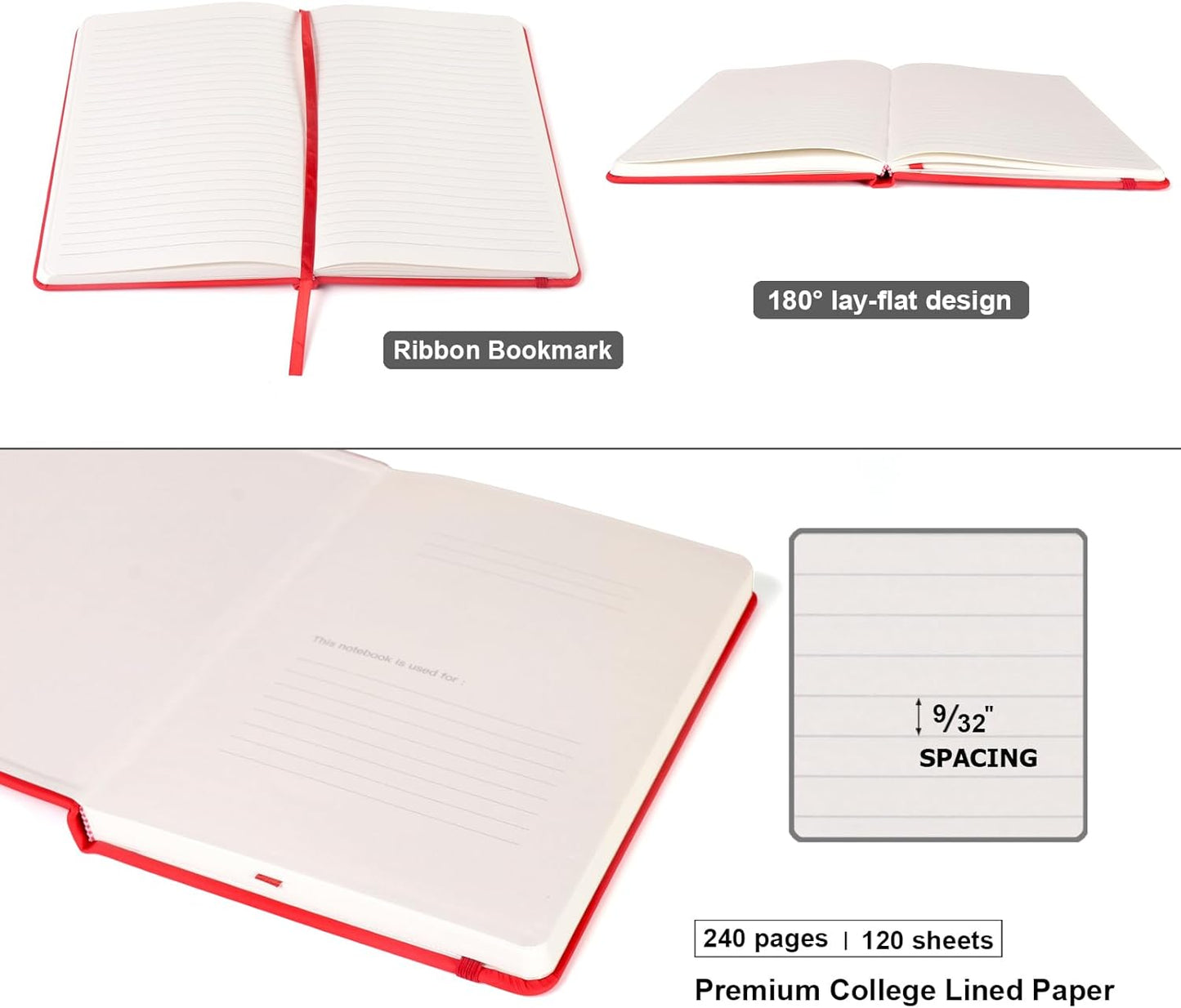 Comix 6 Pack Lined Journal Notebooks for Work, 240 Pages, 5.5"x8.3", Red, Hardcover, A5 Medium College Ruled, Journaling Notebooks for Notes-taking, Fits for Office School Home