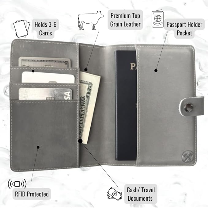 Genuine Leather AirTag Passport Holder and Wallet for Men and Women RFID Blocking for Secure Traveling and Documentation Organizer (Grey)