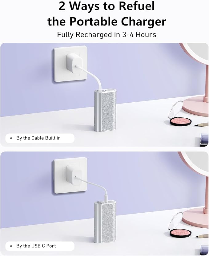 VEGER Compact Portable Charger with Built in Cable(Removable), 10000mAh Cute Power Bank 20W Fast Charging, Sparkling Battery Pack Fashion Travel Accessory Compatible with iPhone 15/14, Android-Sliver