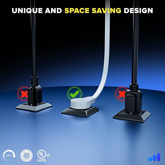 Maximm 360 Rotating Flat Plug Extension - 50ft Flat Cord, Slim Space-Saving Design (White)